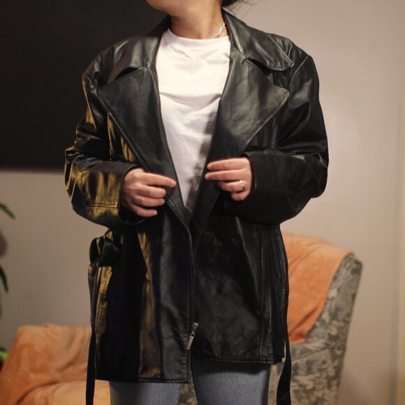 Leather Jacket Trench Coat Black - Picture 1 of 16